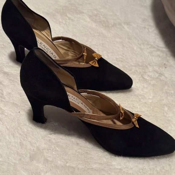Balenciaga Black Velvet Heels with Gold Bow Accents - Picture 2 of 4